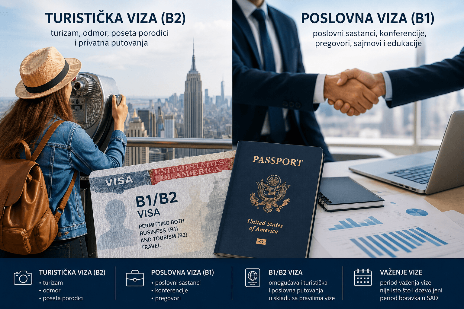 Poređenje -američka viza B1/B2 sa pasošem SAD i primerima svrhe putovanja