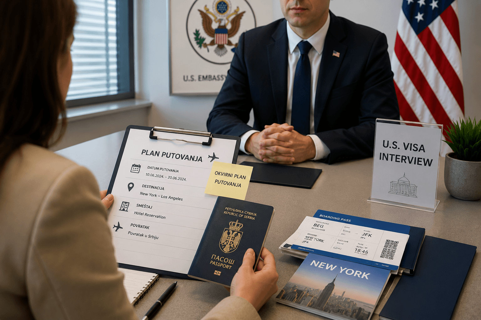 Rezervacija hotela i avionske karte - uslov za dobijanje američke vize. Podnosilac zahteva za američku vizu na intervjuu u ambasadi SAD sa dokumentima za putovanje i planom puta.