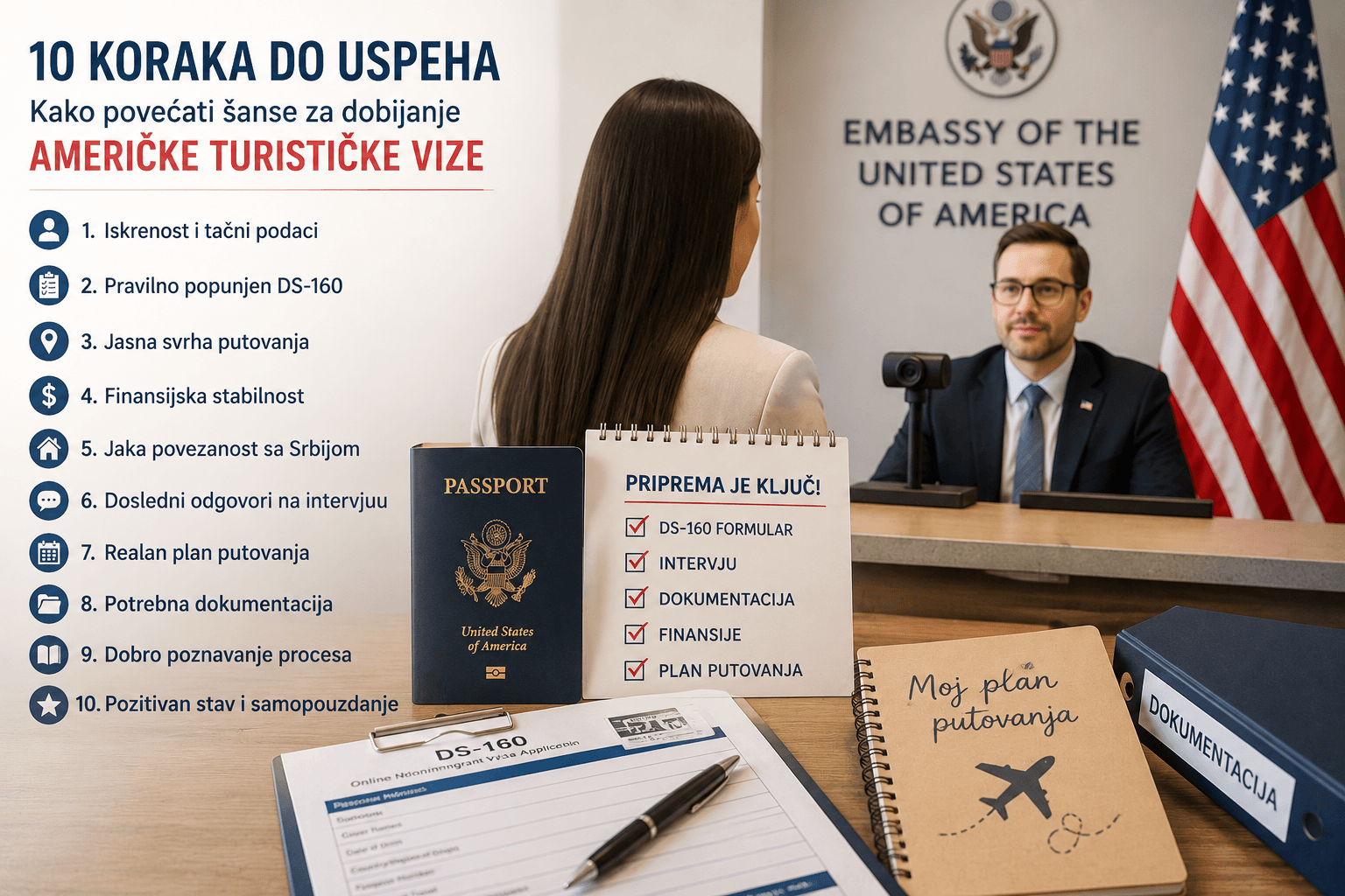 Intervju za američku turističku vizu sa pripremom DS-160 formulara, dokumentacijom i savetima kako povećati šanse za dobijanje američke turističke vize