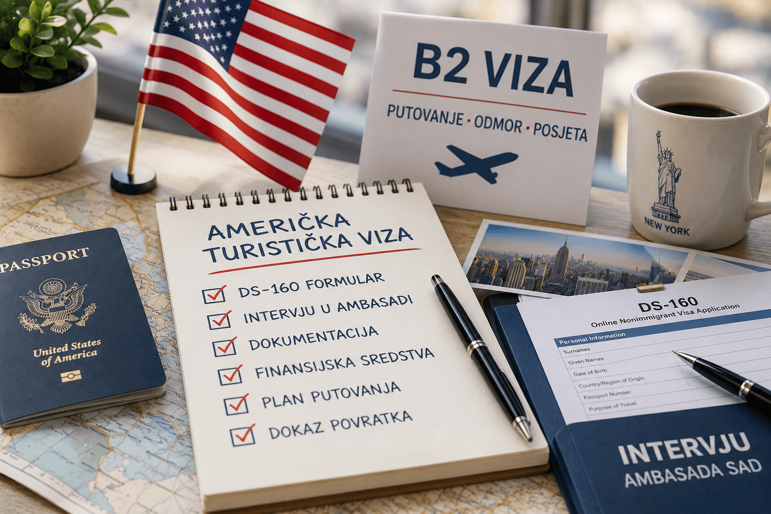 Priprema za američku turističku vizu sa DS-160 formularom, planom putovanja, intervjuom u Ambasadi SAD i potrebnom dokumentacijom