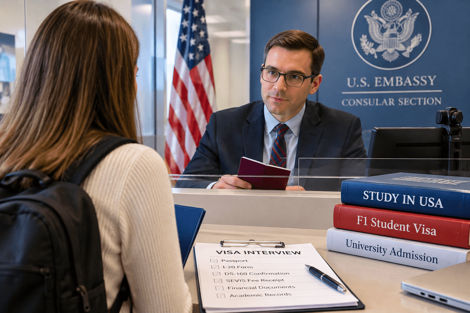 Američka viza za studente – studentkinja na intervjuu za F1 vizu u Ambasadi SAD