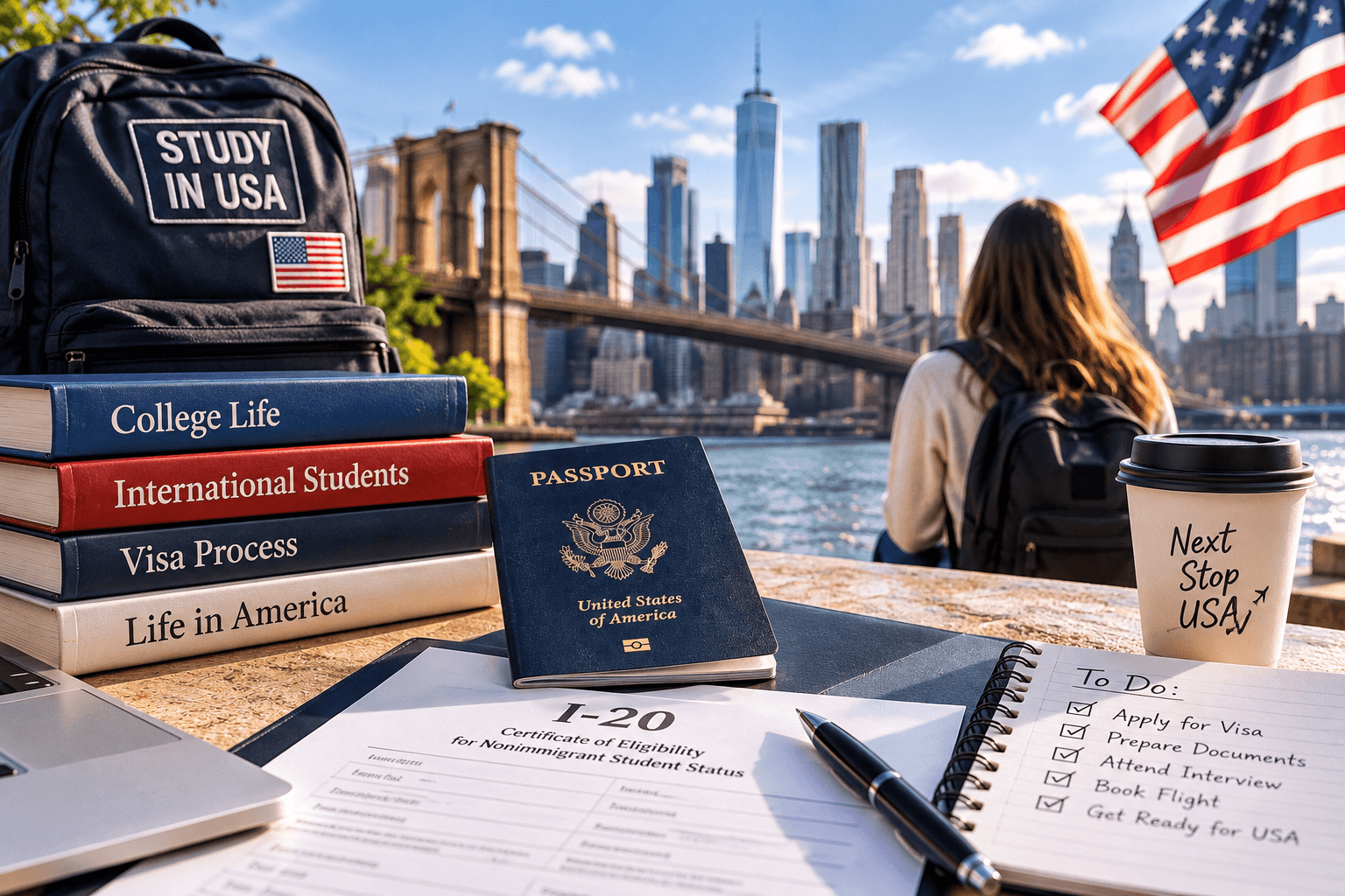 Američka viza za studente – studentkinja u Njujorku, pasoš i obrazac I-20 za studiranje u Americi